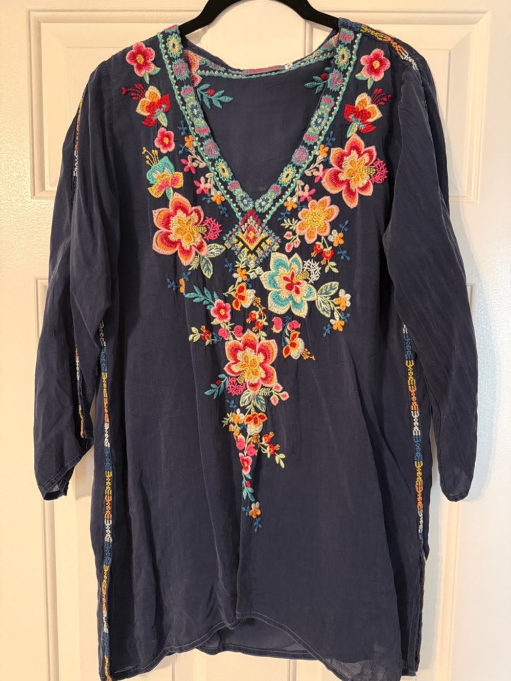 Johnny Was Navy Embroidered Floral V-Neck Tunic